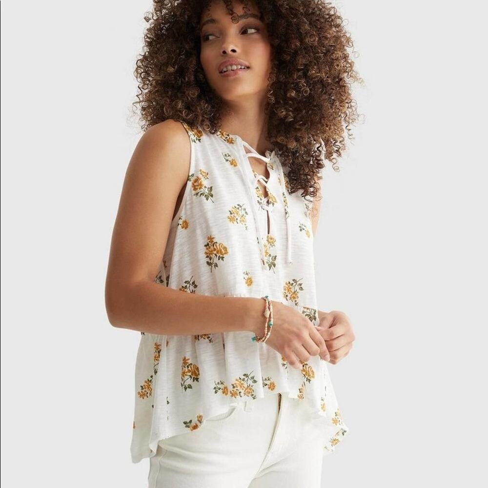 NWT Lucky Brand White Floral Sleeveless Peplum Tie Front Top Loose Fit Womens L